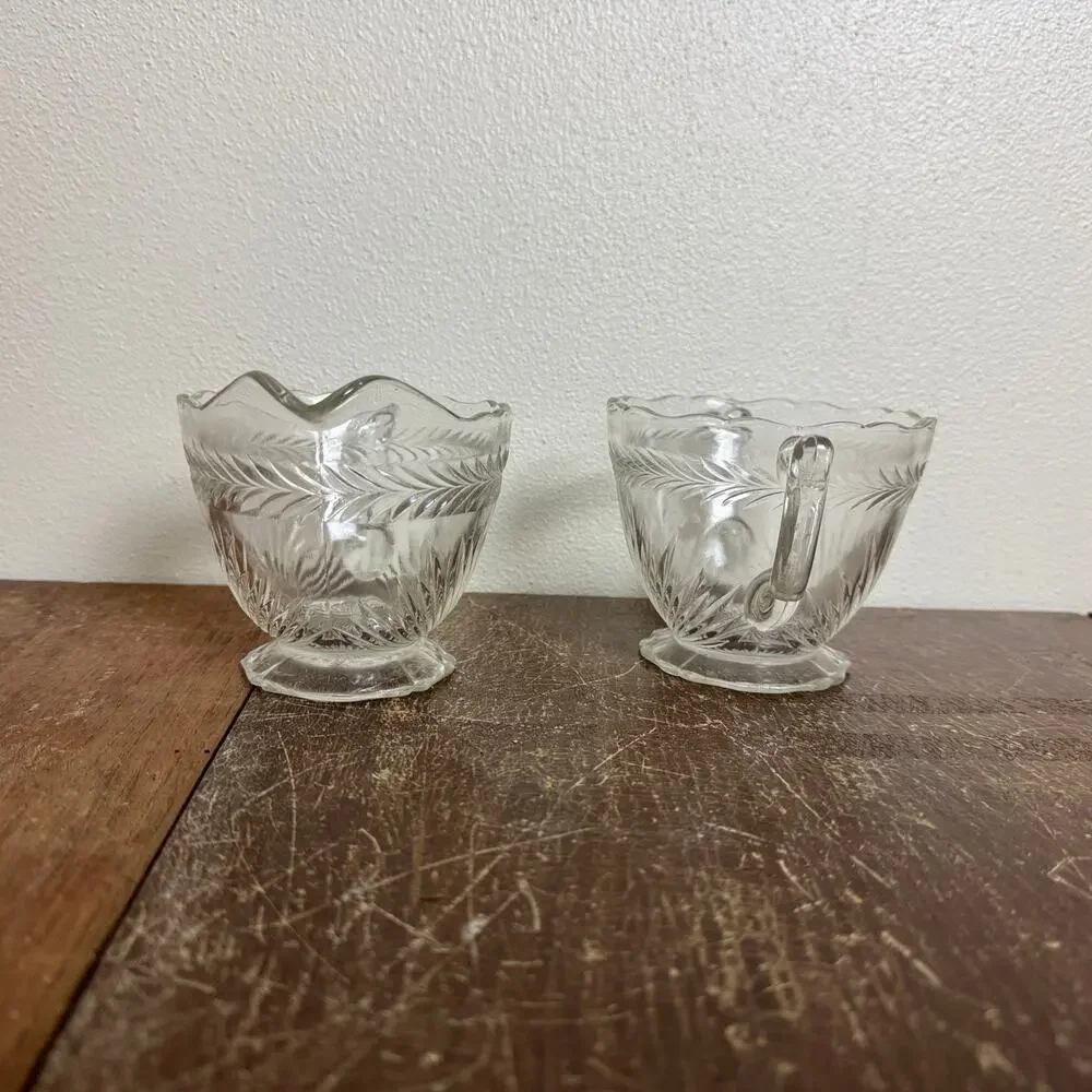 Vintage Jeanette Sunburst Pressed Clear Glass‎ open Sugar and Creamer Set